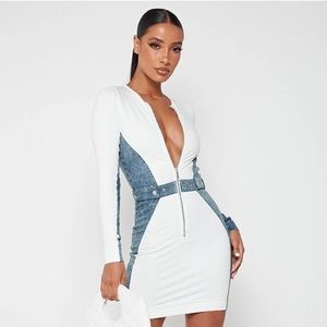 White Denim Panel Bodycon Dress